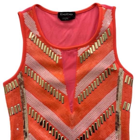 Bebe Neon Coral Sequin Bodycon Mini Dress Size Small Cocktail Dress - Picture 4 of 11